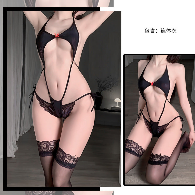 Image of erotic lingerie sexy one-piece swimcloth see-through temptation three-point halterneck bed temptation pajama set wholesale